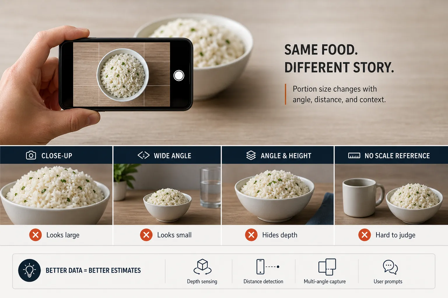 Phone camera measuring rice portion sizes Hand holding a phone camera over a bowl of rice, with a four-panel comparison of rice portions below.