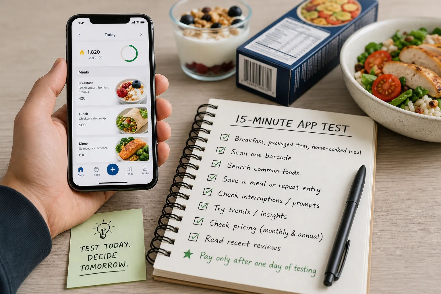 Hand holding a phone with a calorie tracking app next to a notebook titled “15-minute app test.”