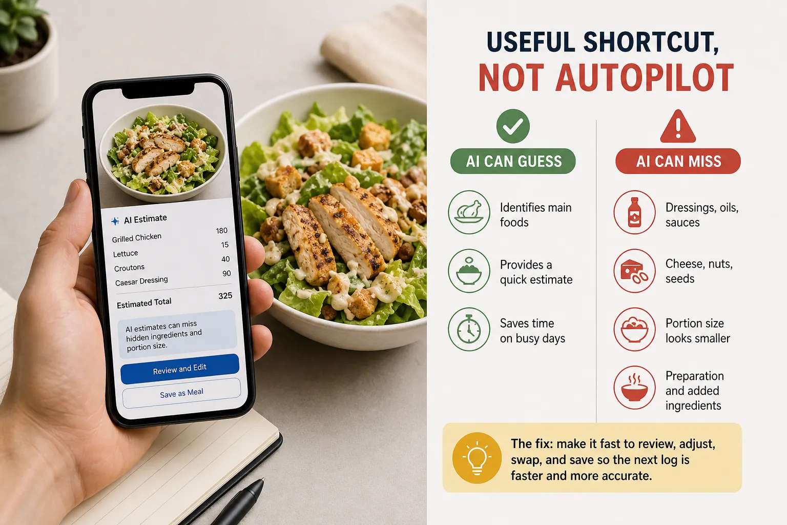 Hand holding a phone with AI calorie estimates beside a chicken salad bowl and a shortcut-vs-autopilot infographic.