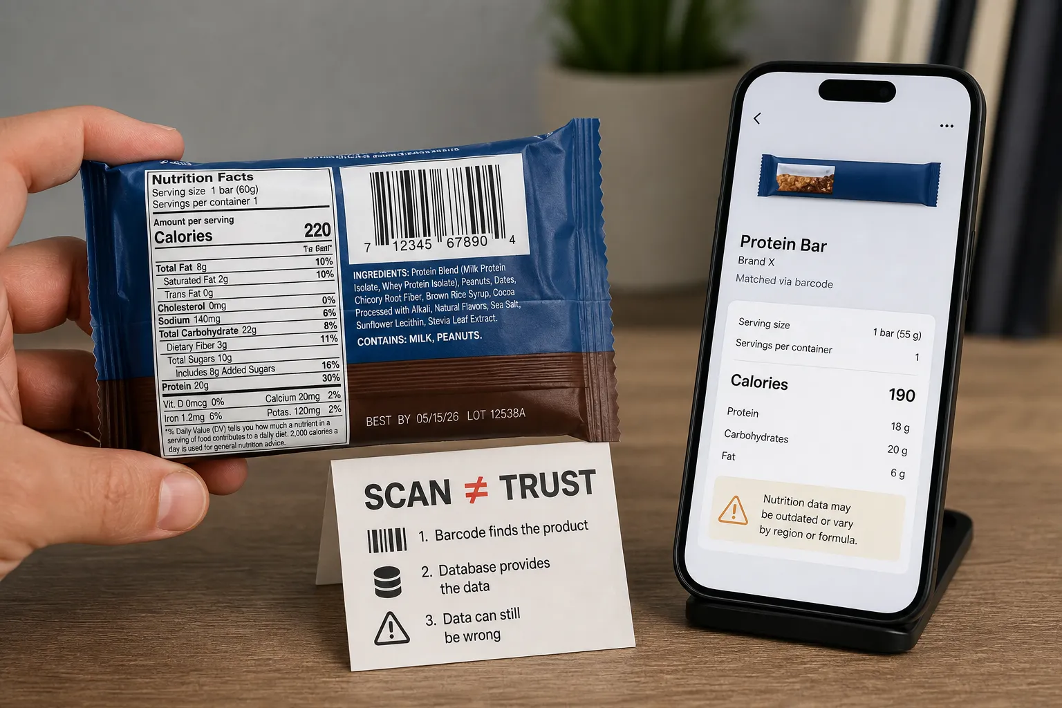 Hand holding a protein bar beside a phone showing barcode-scanned nutrition data.