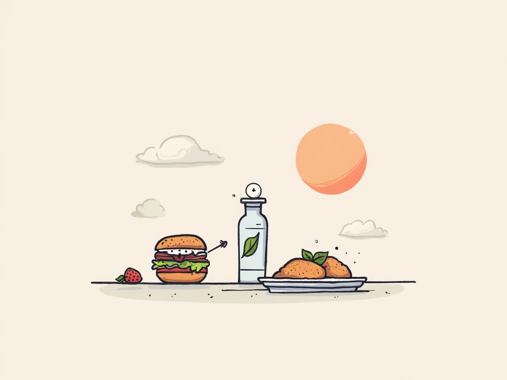 Burger and food items under a sun Illustration of a burger, water bottle, fruit, and buns on a plate beneath a sun.