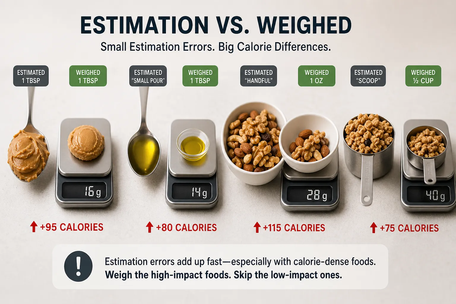 Estimated vs weighed food portions infographic Infographic comparing estimated versus weighed portions of peanut butter, oil, nuts, and granola with calorie differences.