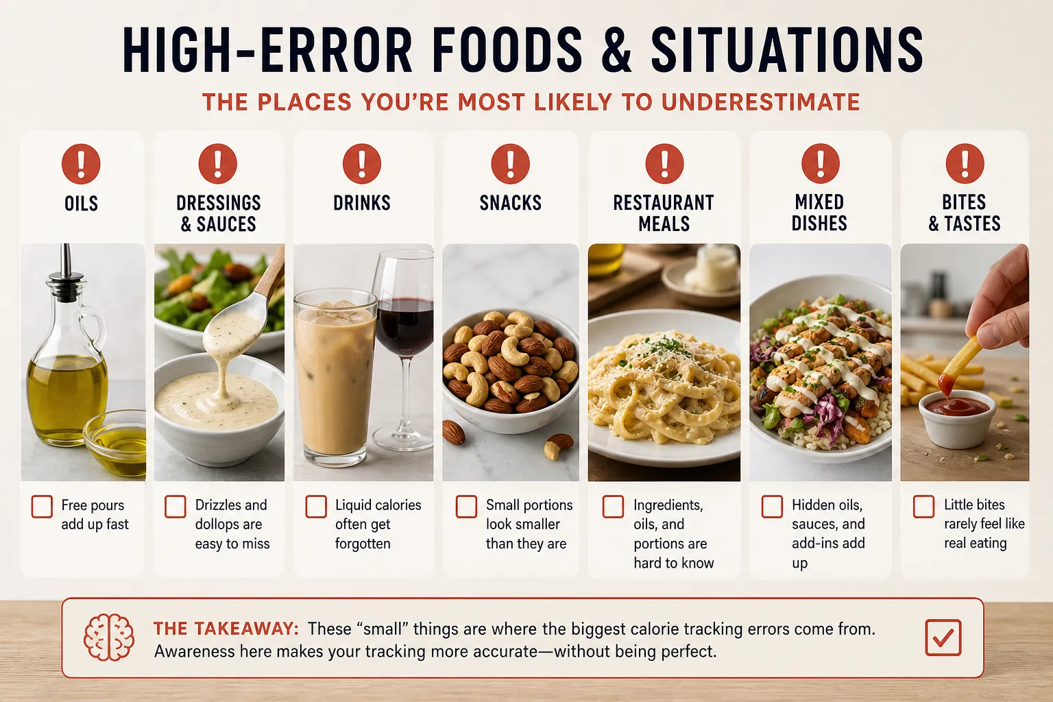High-error foods and calorie tracking situations Infographic of high-error foods and situations: oils, dressings, drinks, snacks, restaurant meals, mixed dishes, and bites.