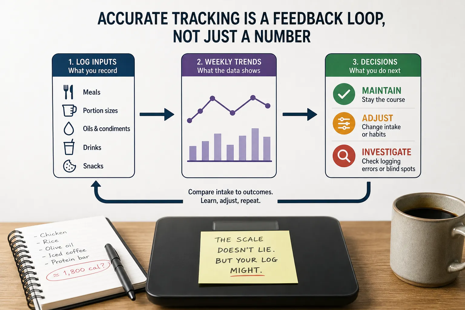 Infographic showing calorie tracking steps: log inputs, review weekly trends, and decide whether to maintain, adjust, or investigate.