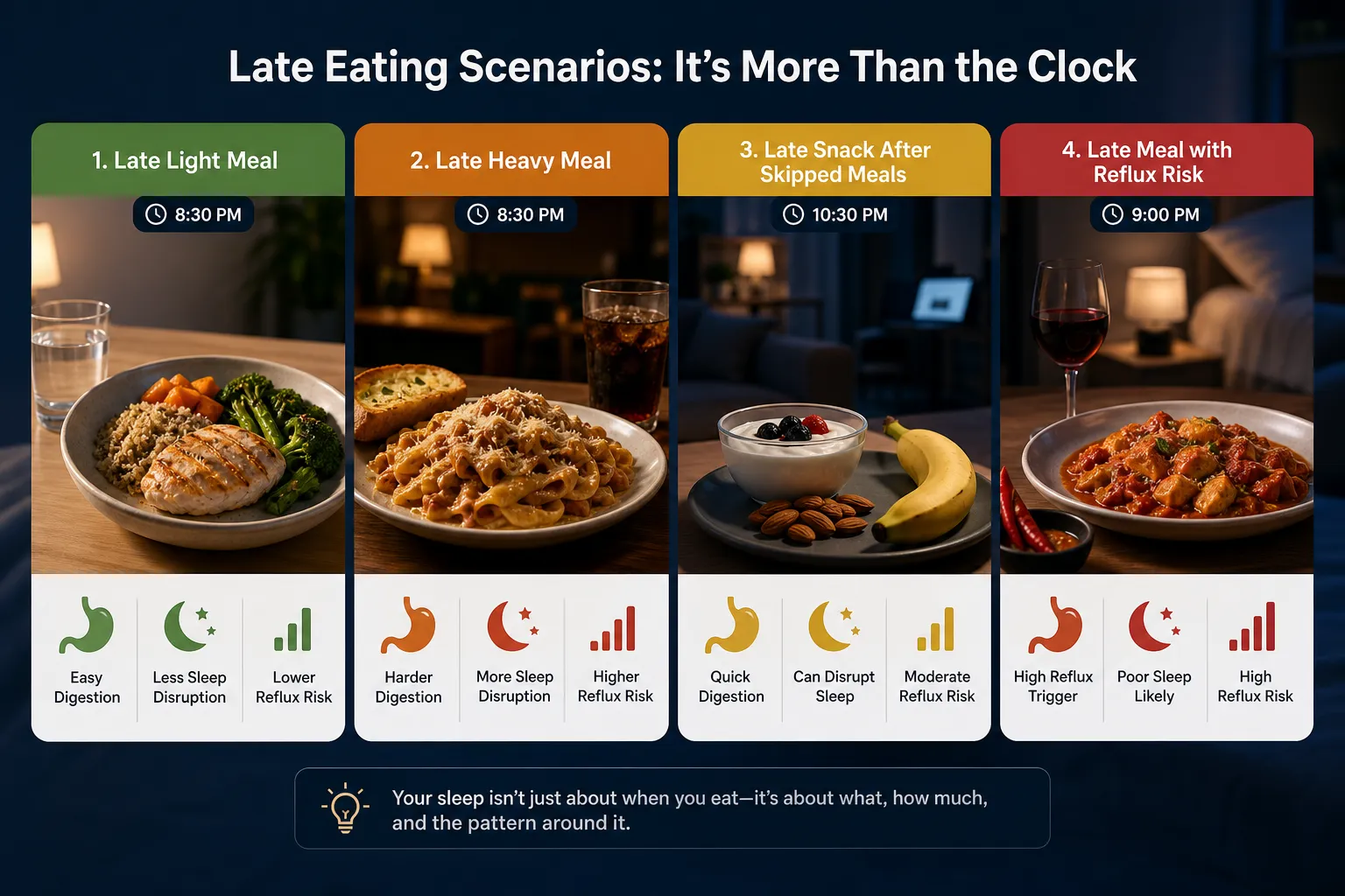 Infographic showing four late-eating scenarios with different meals, times, and sleep or reflux risk icons