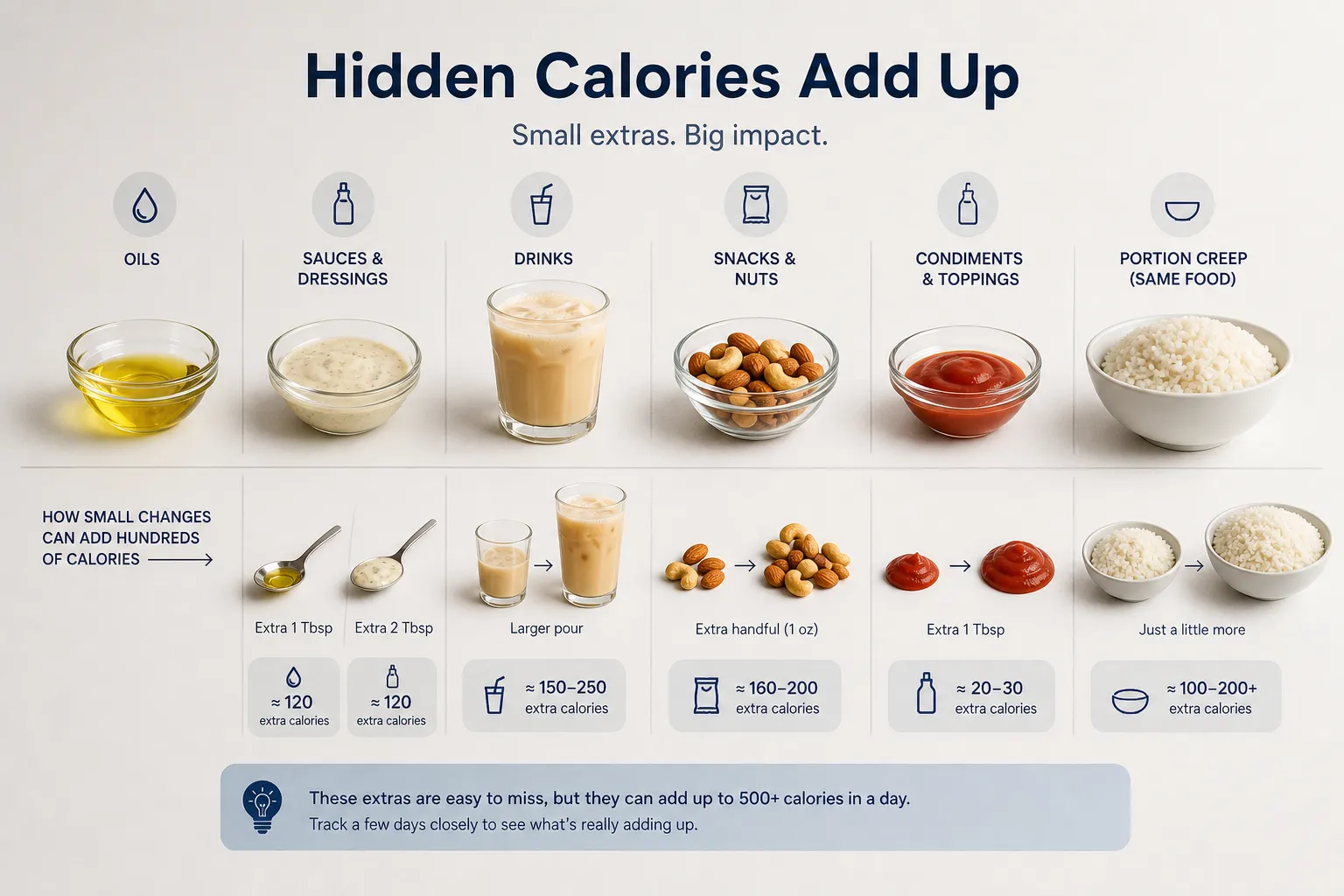 Infographic showing hidden calories from oils, dressings, drinks, nuts, condiments, and larger portions.