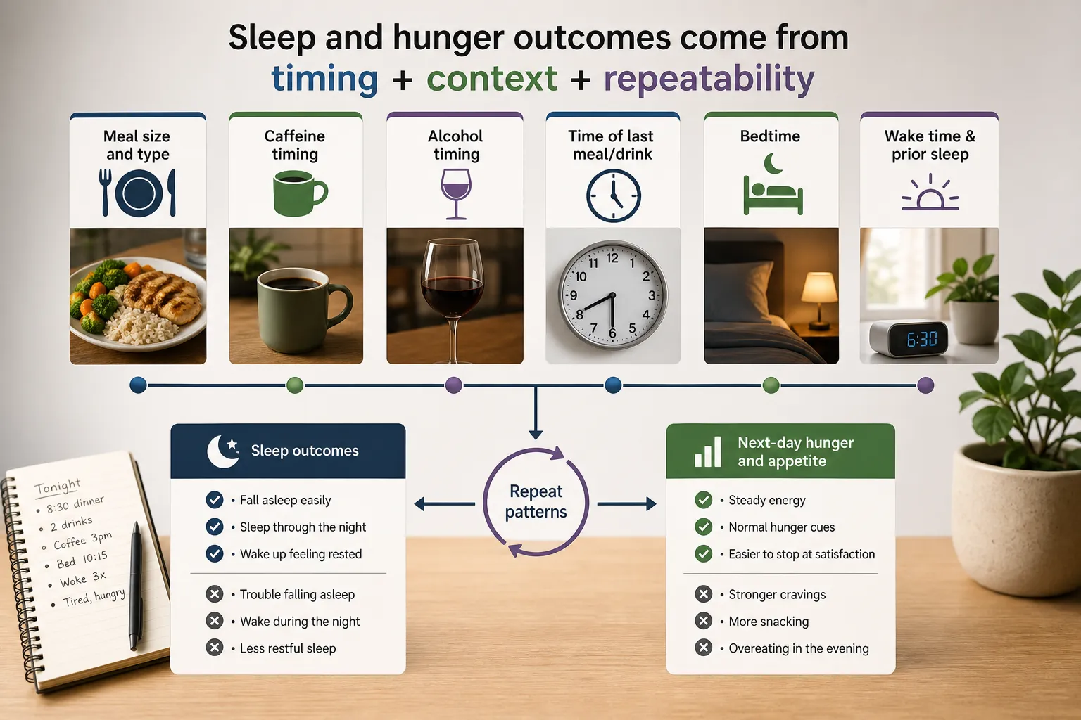 Infographic showing meal size, caffeine, alcohol, last meal timing, bedtime, and wake time affecting sleep and hunger.