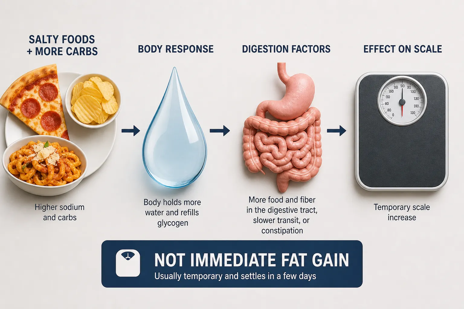 Infographic showing salty foods and carbs, a water droplet, digestive organs, and a scale with arrows between them.