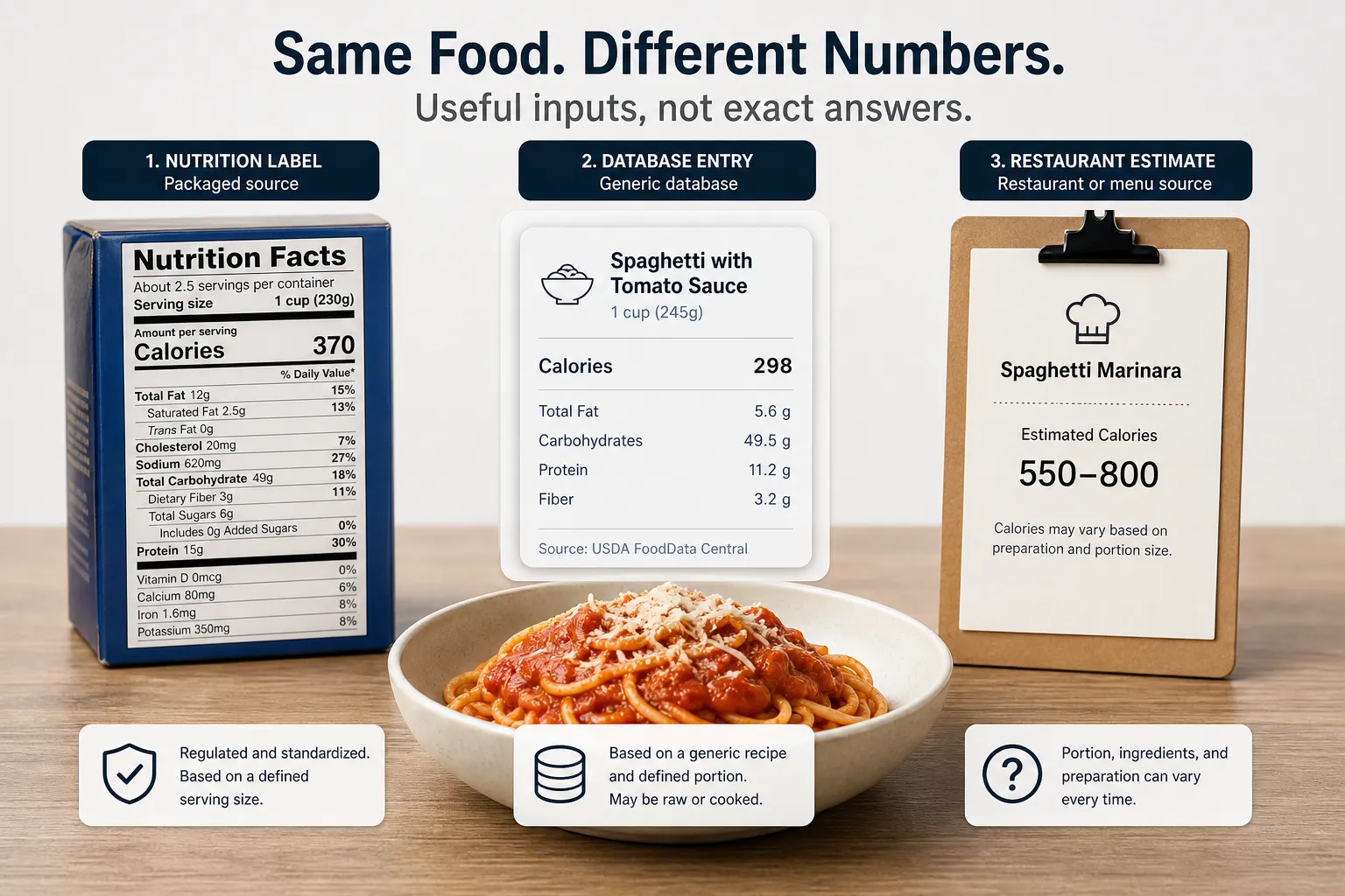 Spaghetti calorie sources comparison infographic Infographic showing spaghetti calories from a nutrition label, database entry, and restaurant estimate beside a bowl of pasta.
