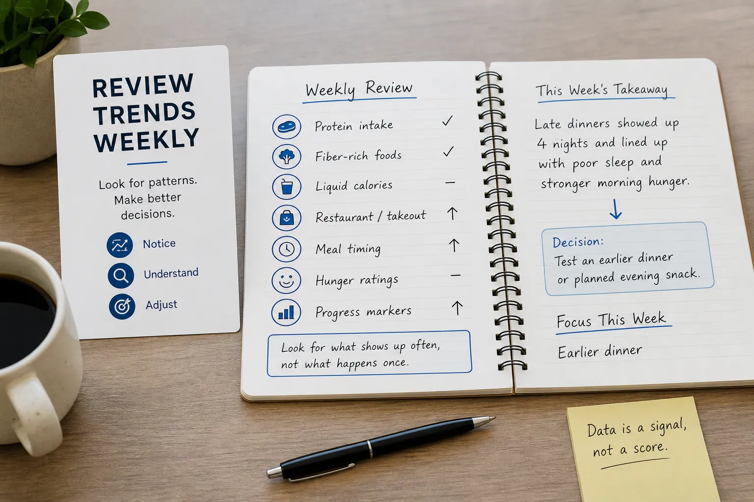 Notebook open to a weekly review of food patterns, with a card reading “Review trends weekly.”