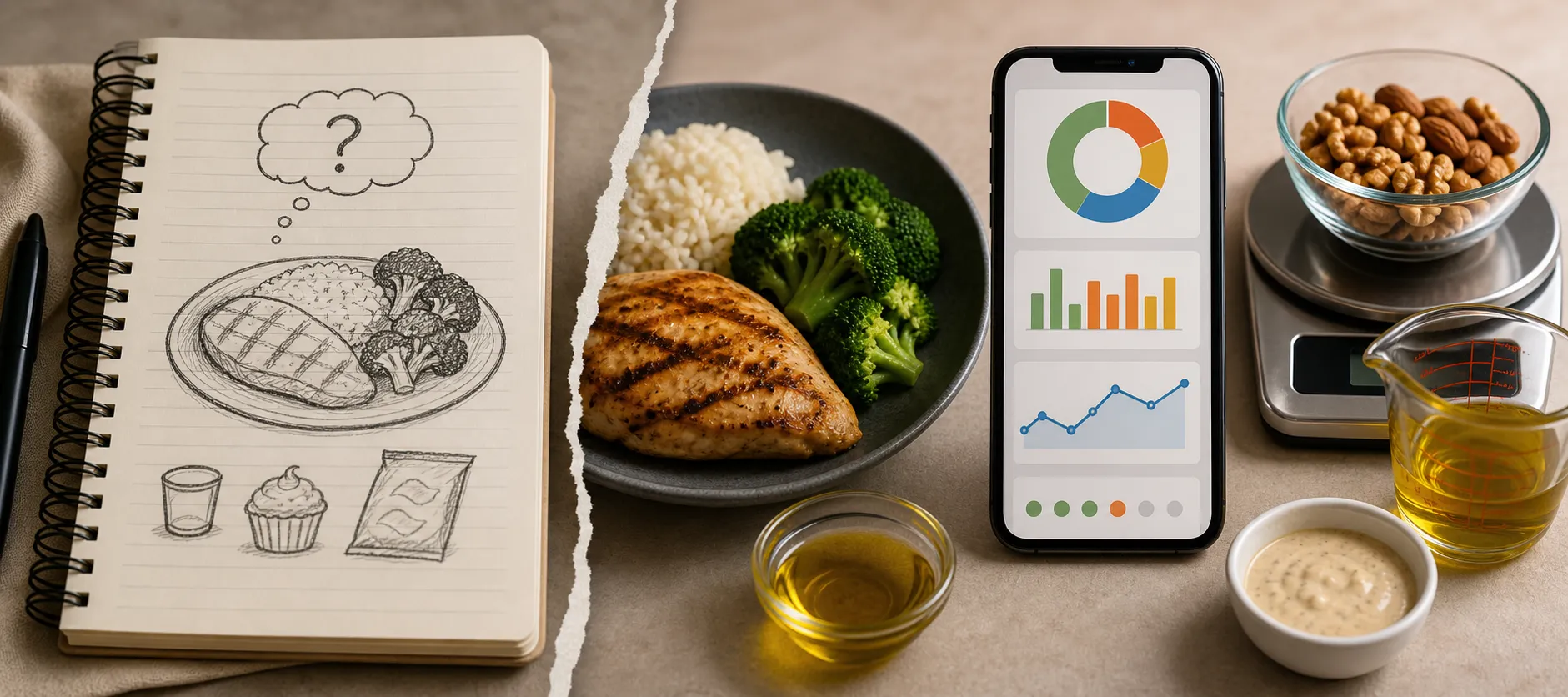 Notebook sketch of a meal beside a plated chicken dinner, a tracking app on a phone, and measured ingredients.