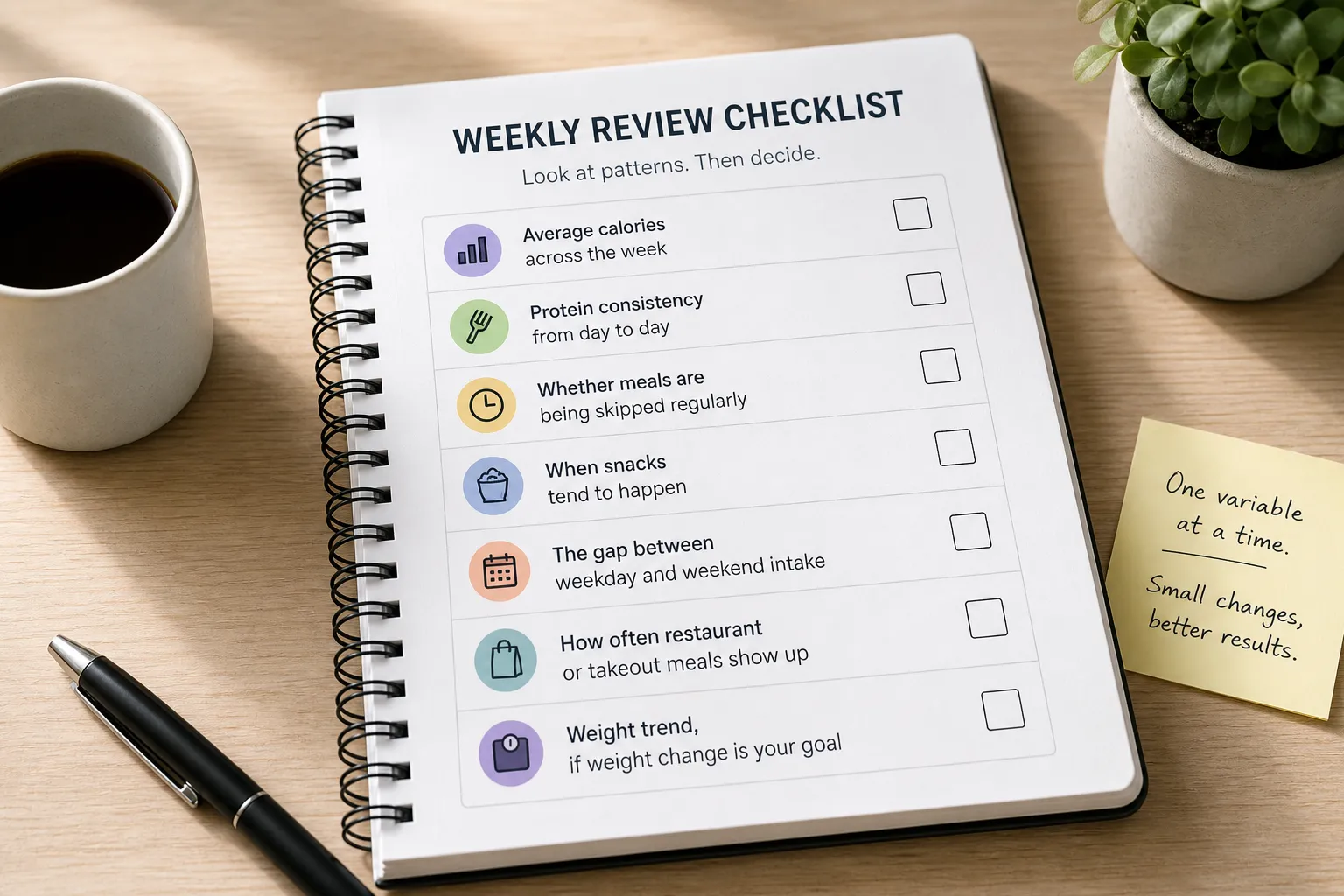 Notebook titled weekly review checklist beside a coffee cup, pen, plant, and sticky note on a desk.