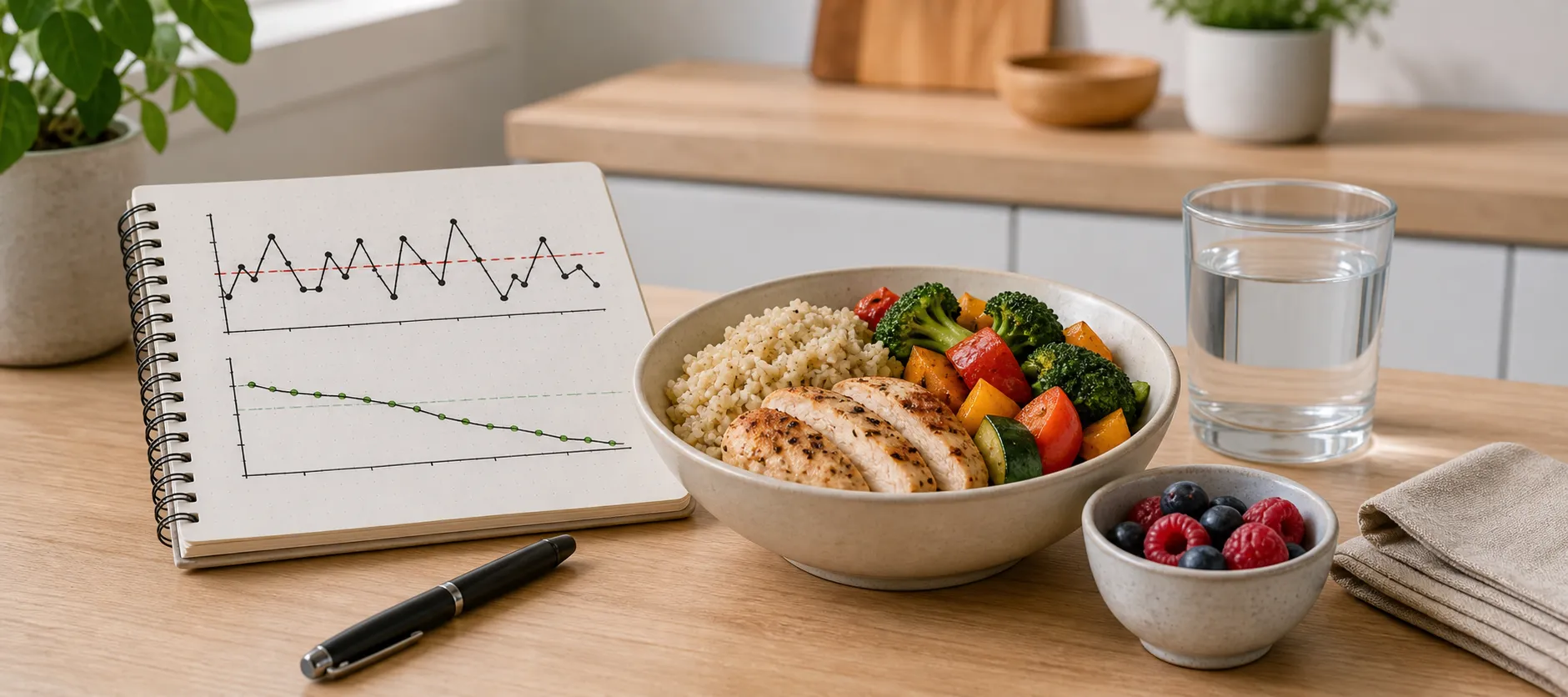 Notebook with two line charts beside a bowl of chicken, grains, and vegetables on a table