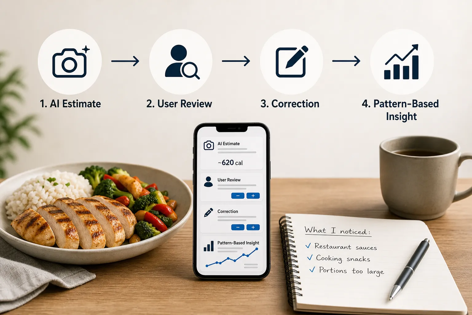 Phone showing an AI calorie estimate workflow beside a meal, notes, and a coffee mug.