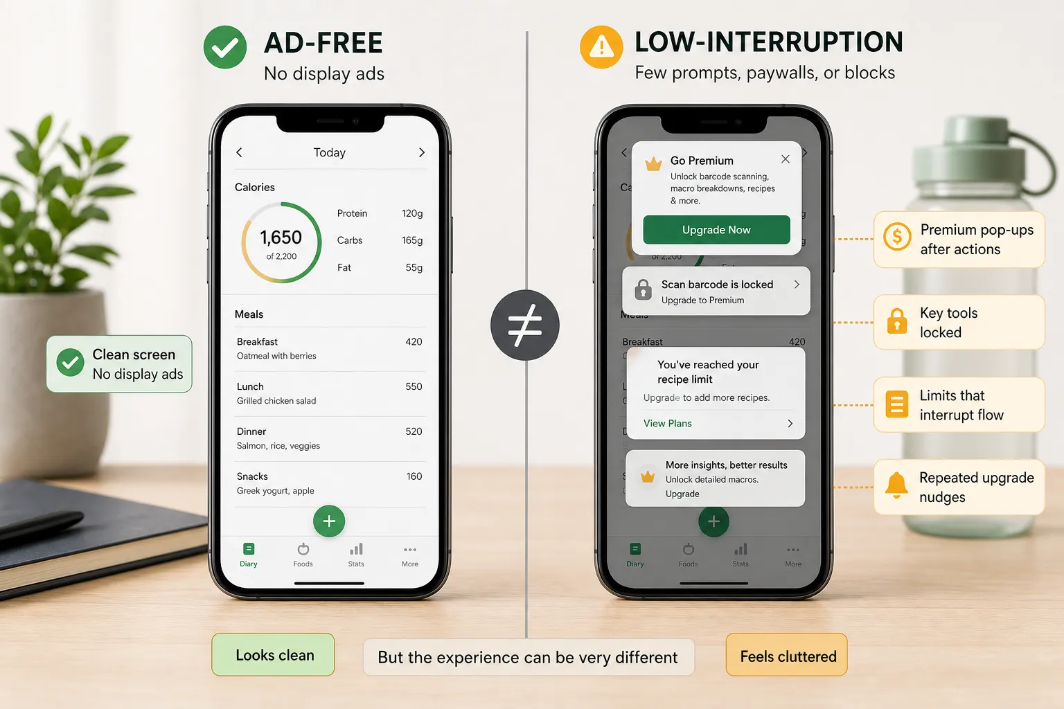 Side-by-side calorie tracker app screens: one clean, one covered with premium pop-up prompts.