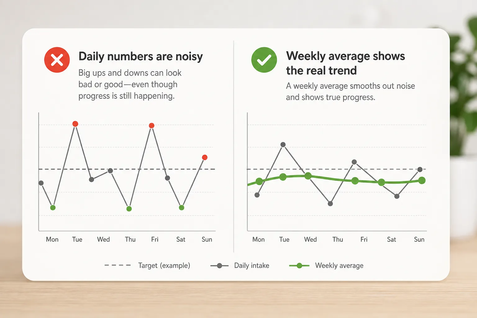 Side-by-side chart comparing noisy daily intake with a smoother weekly average line.
