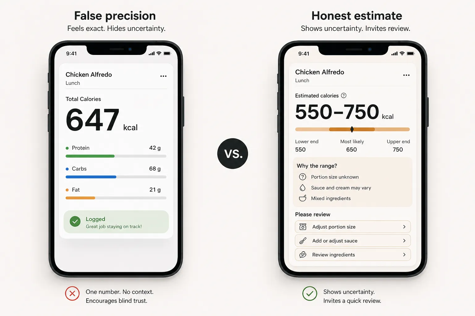 Side-by-side mockups of a calorie app: one shows 647 kcal, the other shows a 550–750 kcal range.