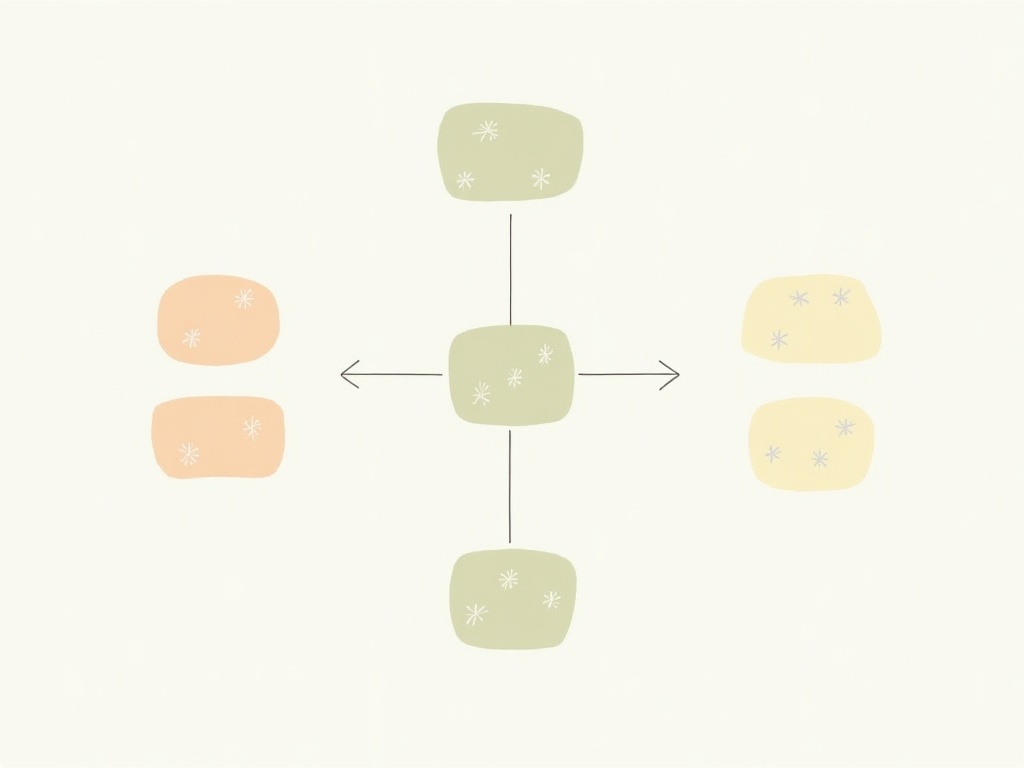 Simple diagram of five rounded blocks connected by arrows in four directions.