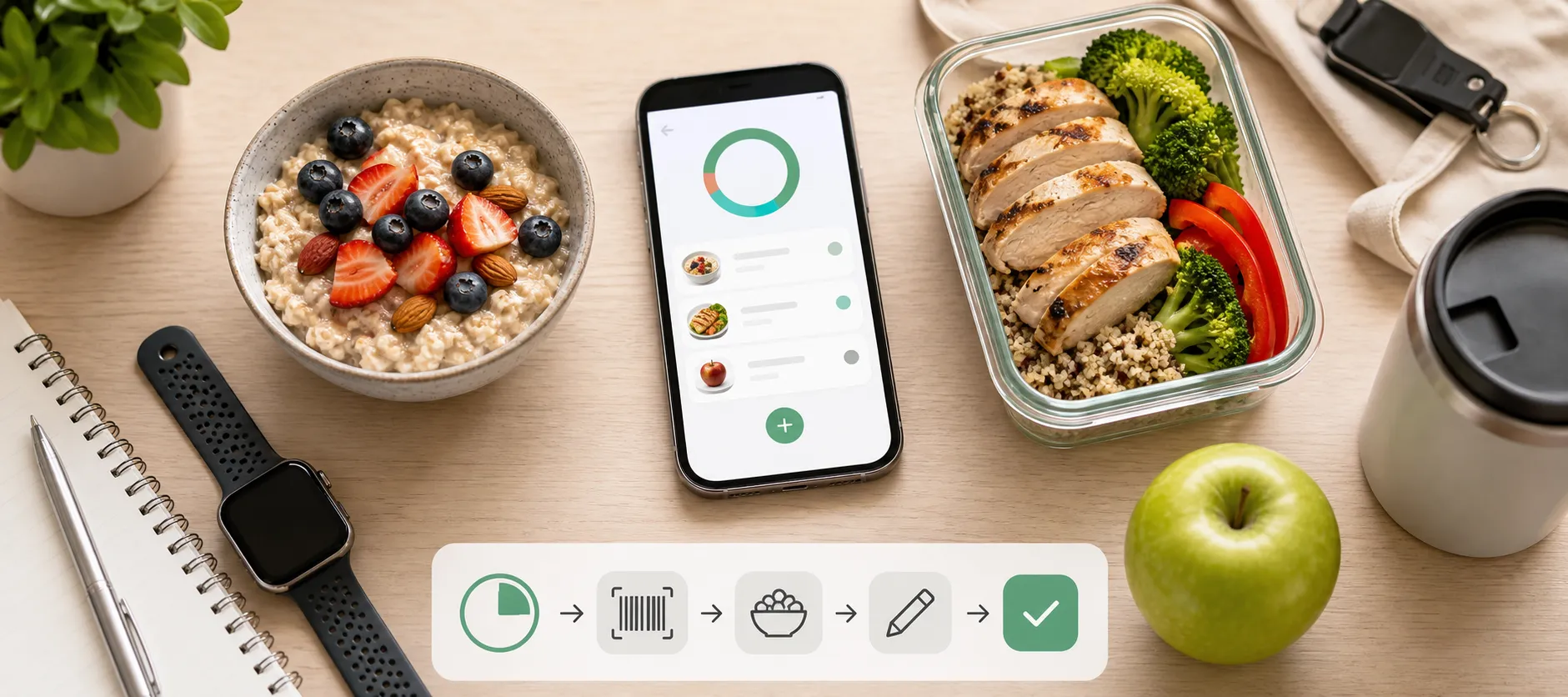 Smartphone calorie tracker beside oatmeal, meal prep, apple, watch, and coffee cup on a desk.