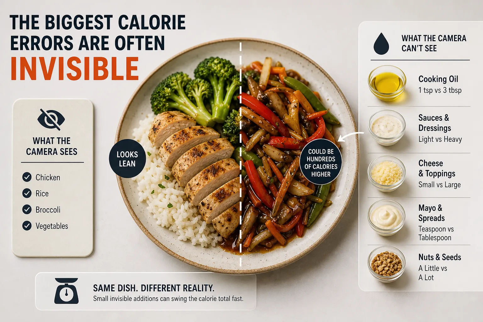 Split plate of lean meal and saucier stir-fry Split plate showing chicken, rice, and broccoli versus a saucier vegetable stir-fry.