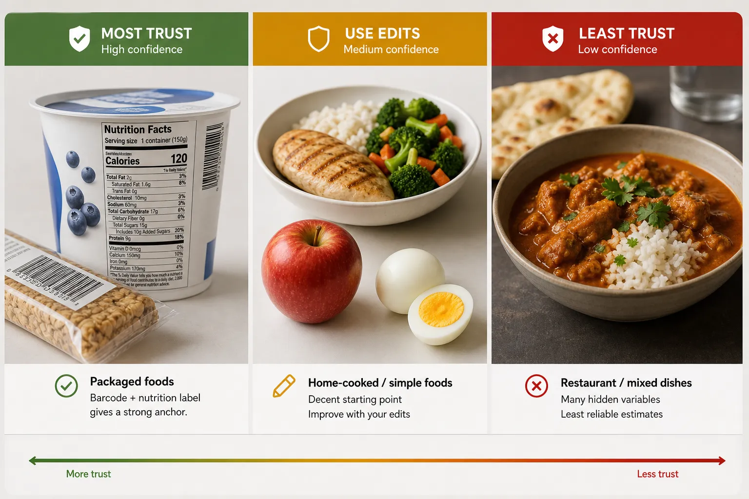 Trust levels for different meal types Three-panel chart comparing packaged foods, simple home-cooked foods, and restaurant meals by trust level.