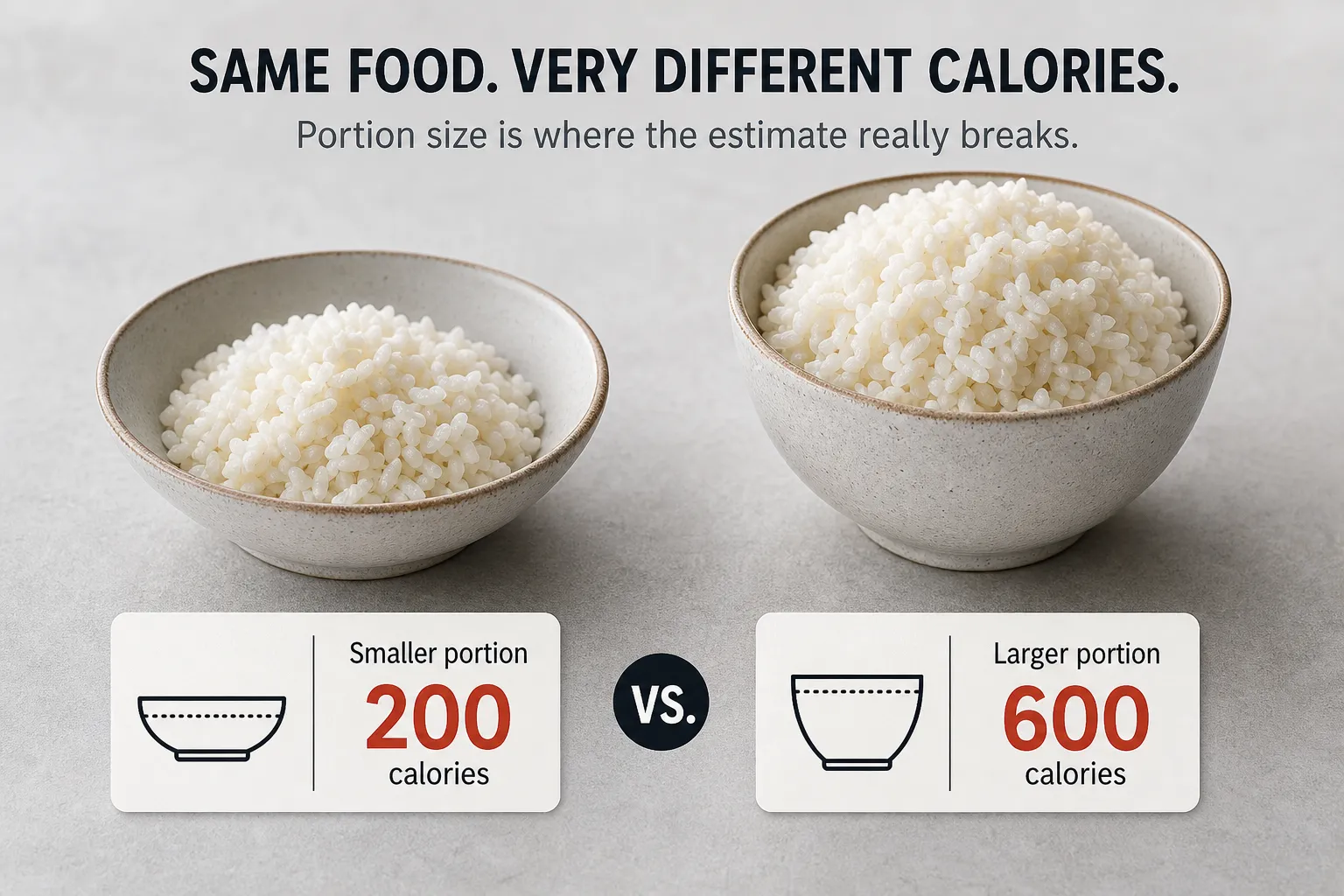 Two bowls of rice labeled smaller portion 200 calories and larger portion 600 calories.