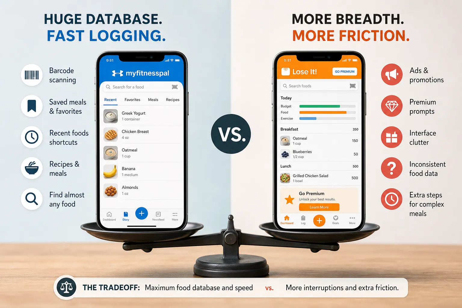 Two calorie-tracking app screens on a balance scale, labeled MyFitnessPal and Lose It!