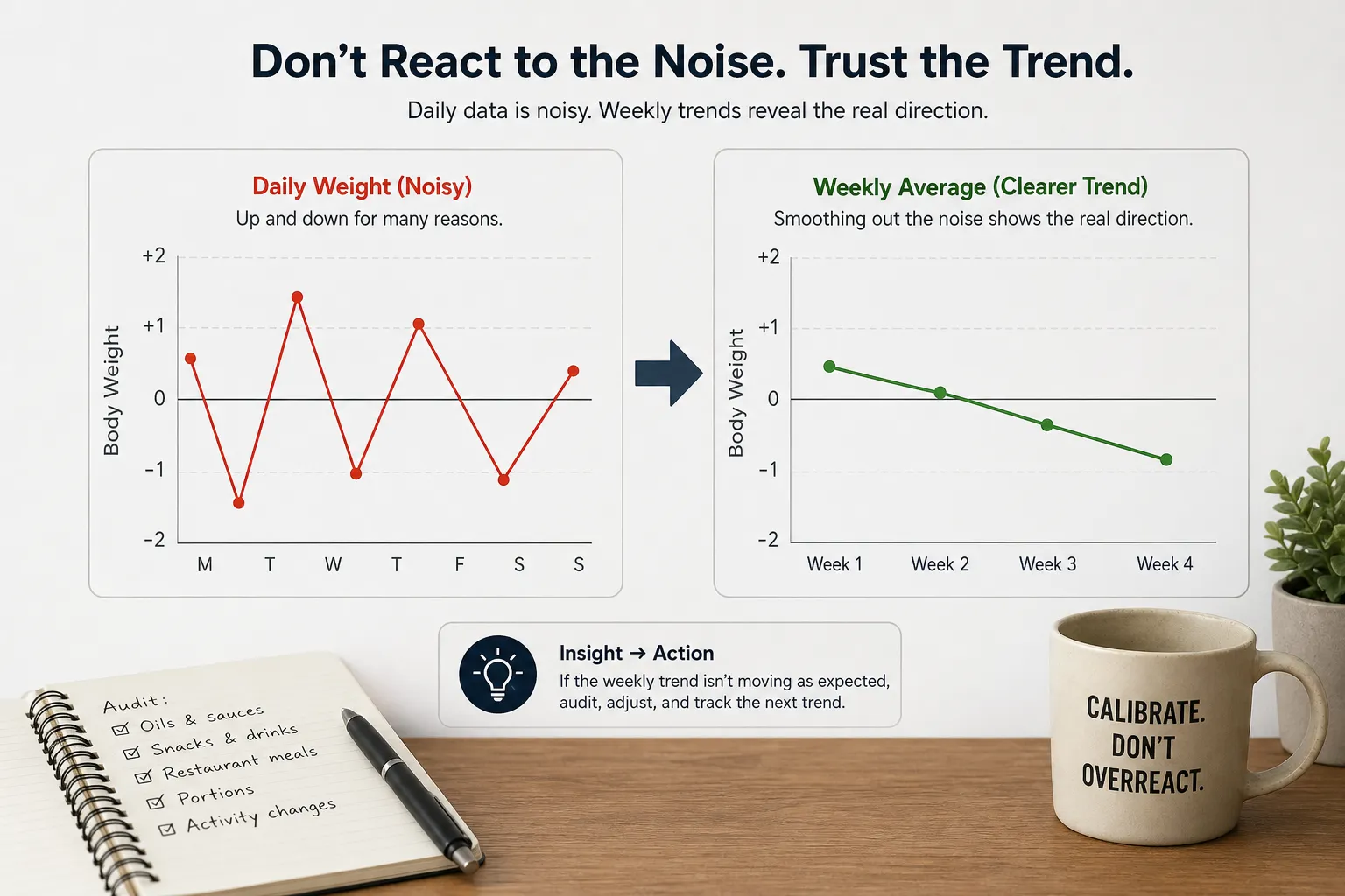 Daily weight versus weekly average trend Two charts compare noisy daily body weight with a downward weekly average trend.
