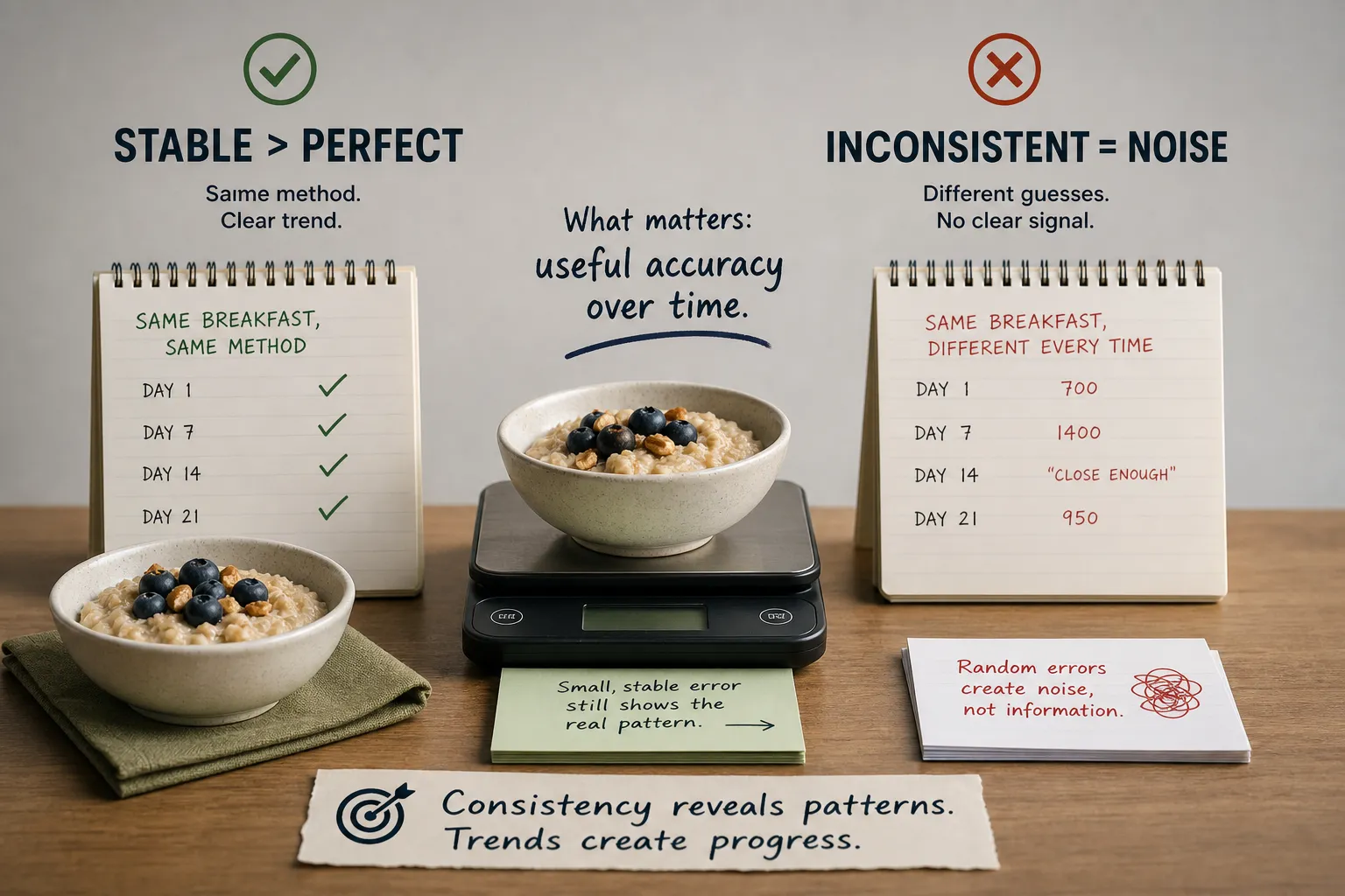 Oatmeal bowls with notes beside a food scale Two oatmeal bowls beside notebooks and a scale illustrating stable versus inconsistent measurements.
