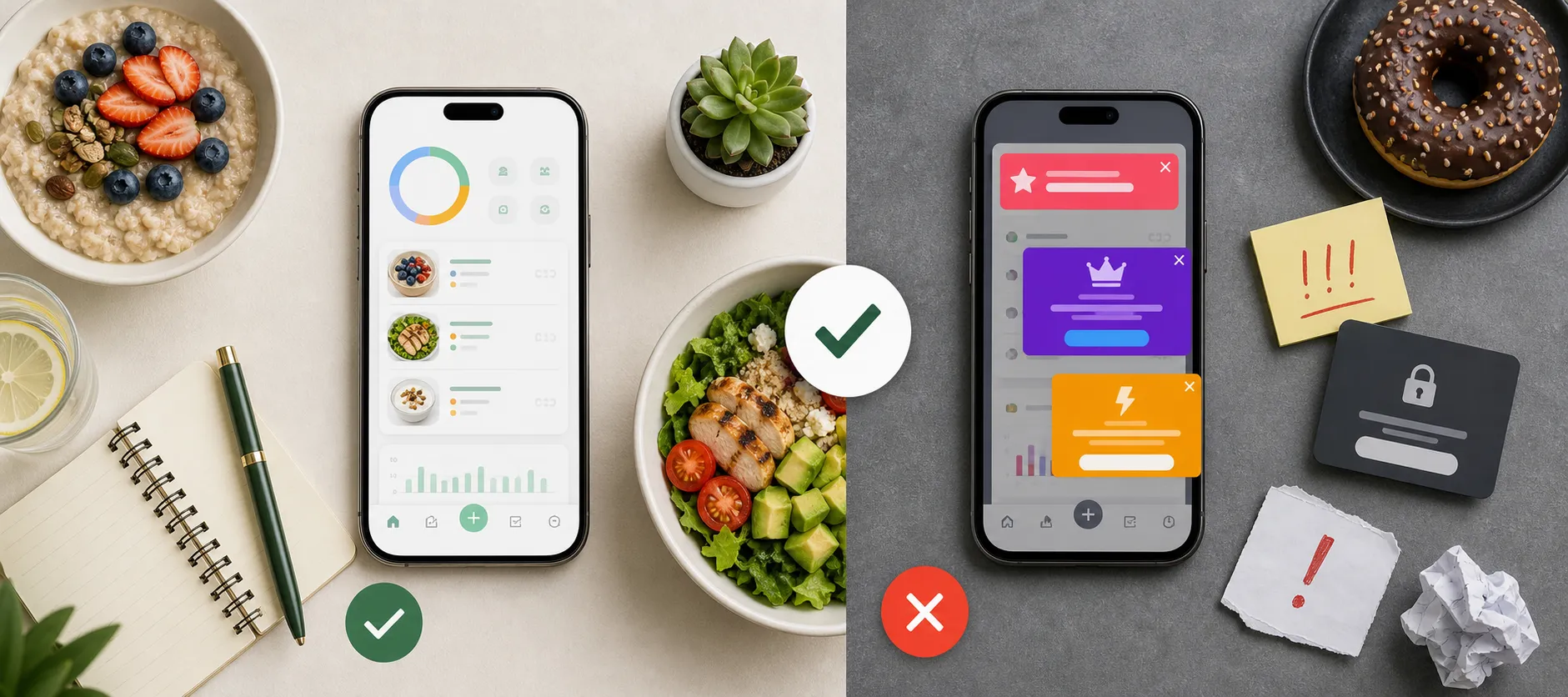 Two smartphones show a clean food tracker and a cluttered screen with pop-up ads