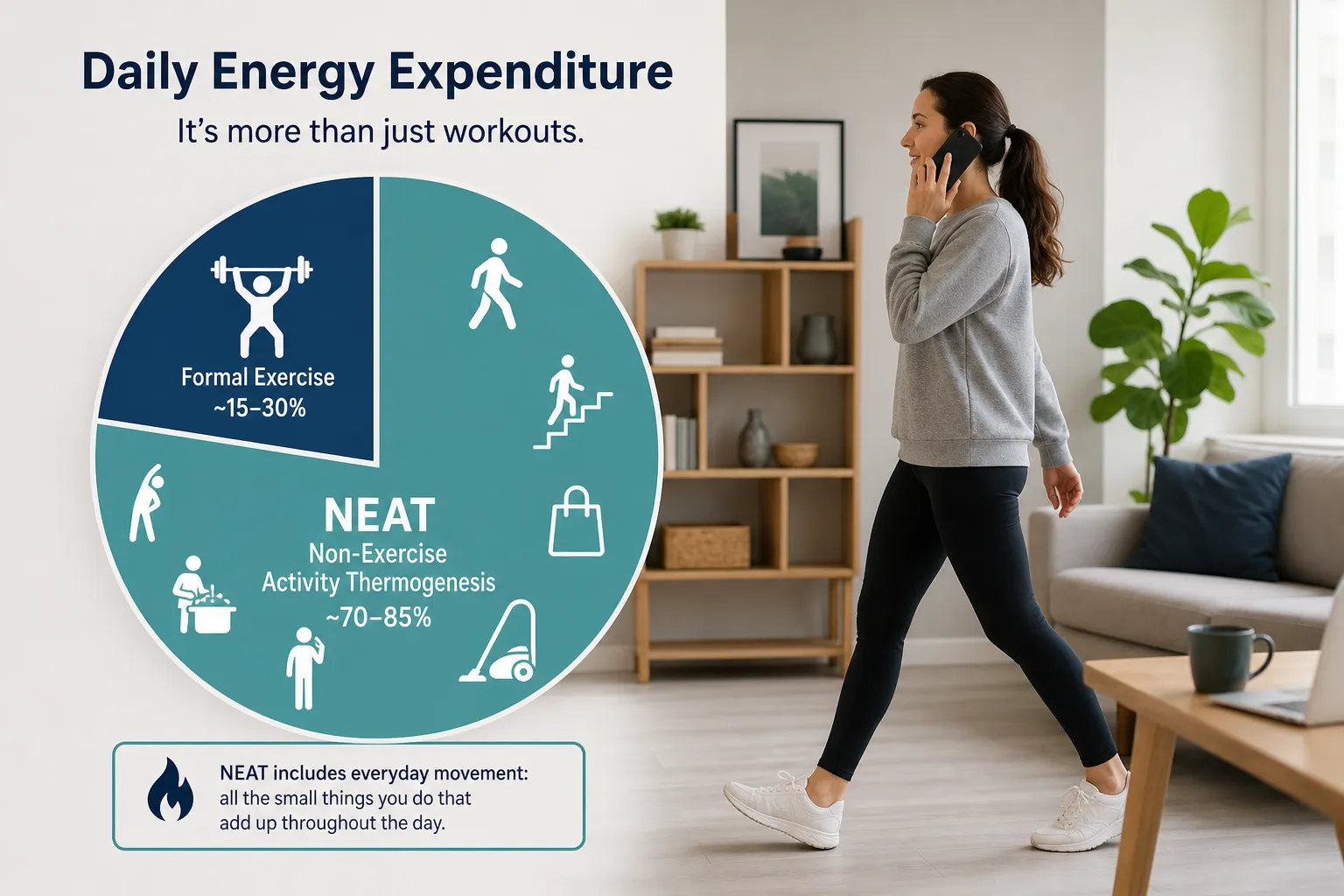 Woman walking indoors beside a NEAT energy expenditure chart