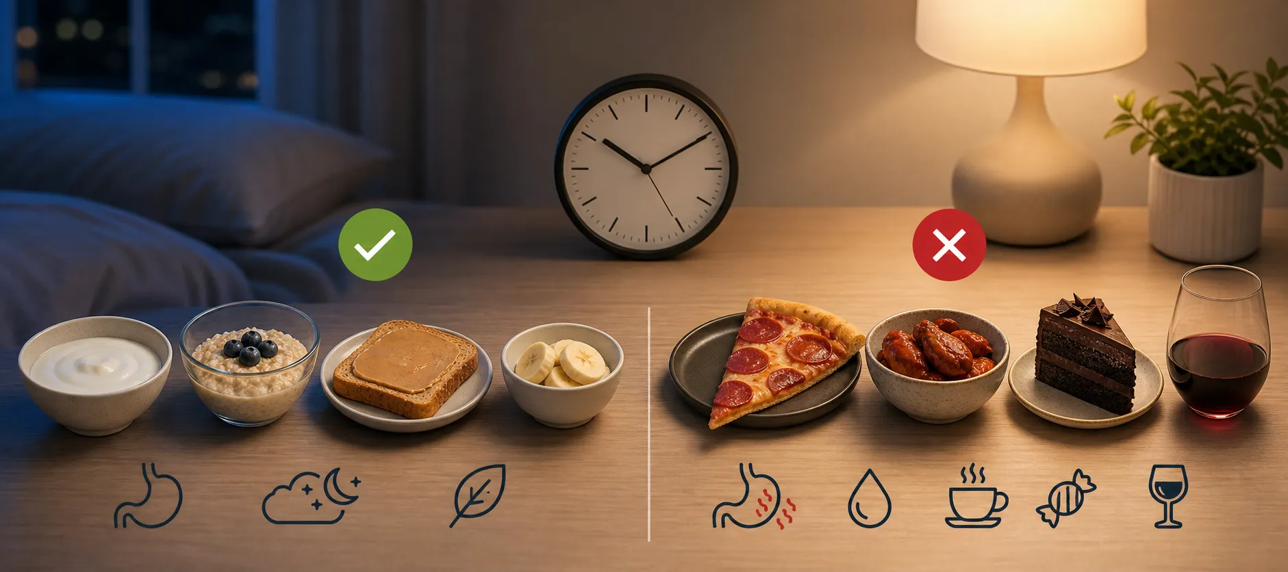 A split table with light bedtime snacks on the left and pizza, wings, cake, and wine on the right.