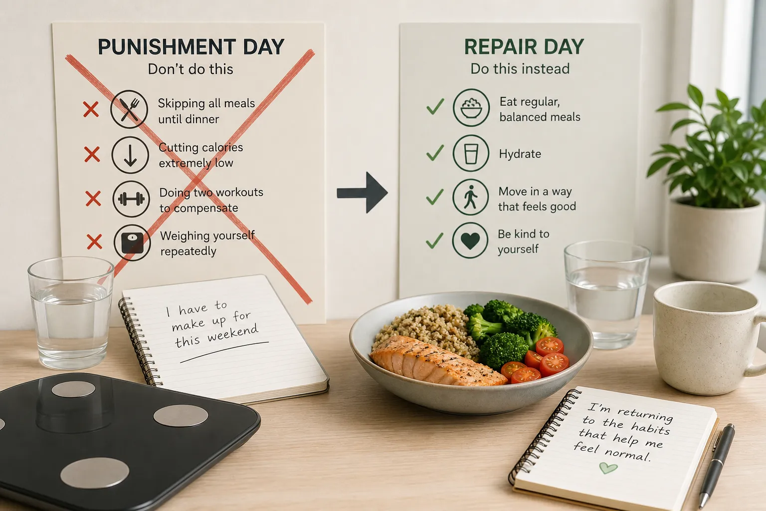 A table with posters comparing punishment day and repair day, plus a salad bowl, water glasses, notebook, and scale.