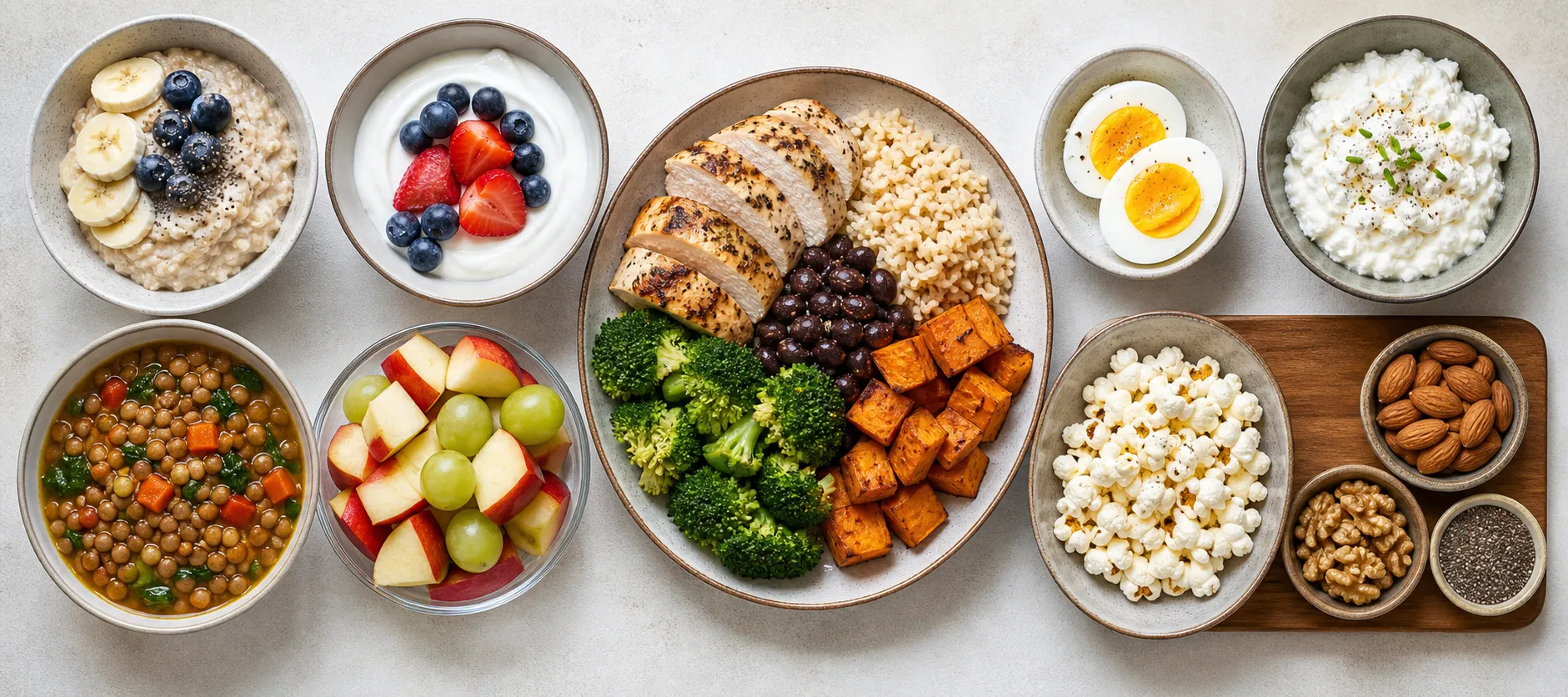Assorted bowls of filling foods, including oats, yogurt, chicken, eggs, lentils, fruit, popcorn, and nuts.