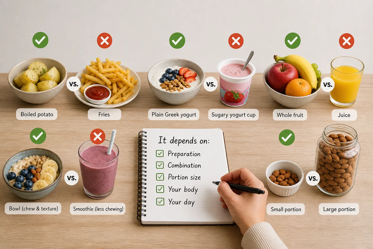 Assorted foods compared with check and X icons, plus a notebook listing preparation, combination, portion size, body, and day.