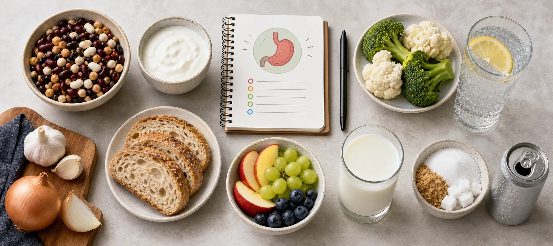 Assorted foods including beans, yogurt, bread, fruit, milk, vegetables, and soda around a notebook with a stomach icon.