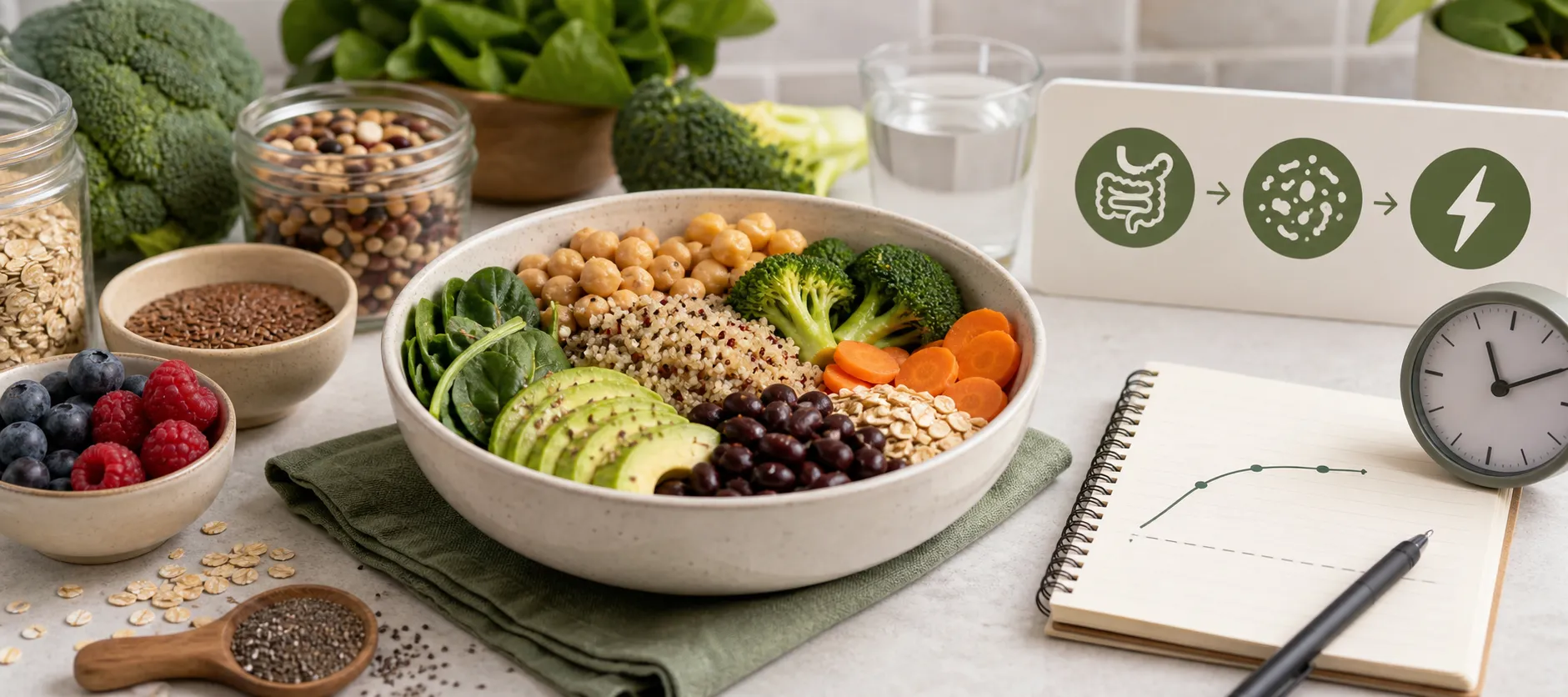 Bowl of mixed grains, vegetables, beans, avocado, berries, and seeds beside a digestion and energy icon