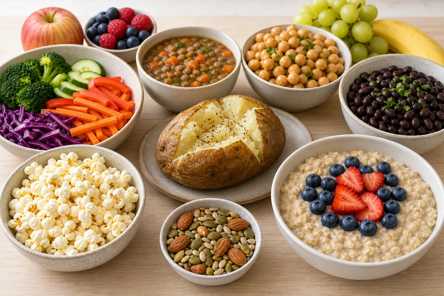 Assorted high-fiber foods on a table Bowls of oats, beans, popcorn, seeds, vegetables, fruit, and a baked potato on a table