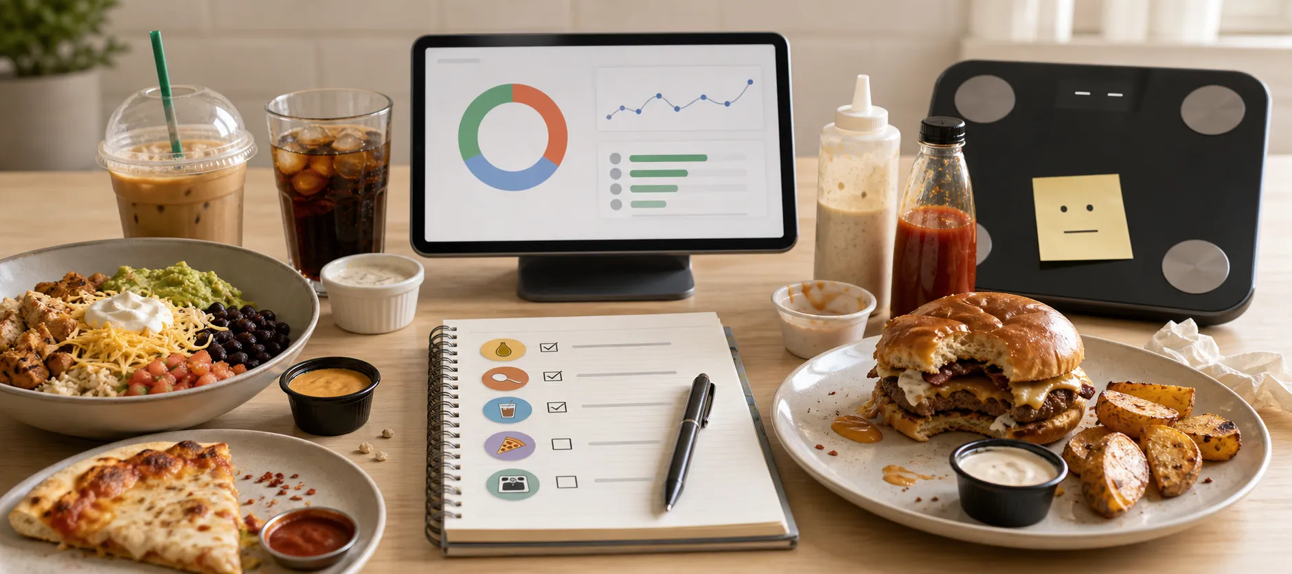 Calorie tracking notebook beside a tablet, scale, sauces, drinks, and several plated meals on a table.