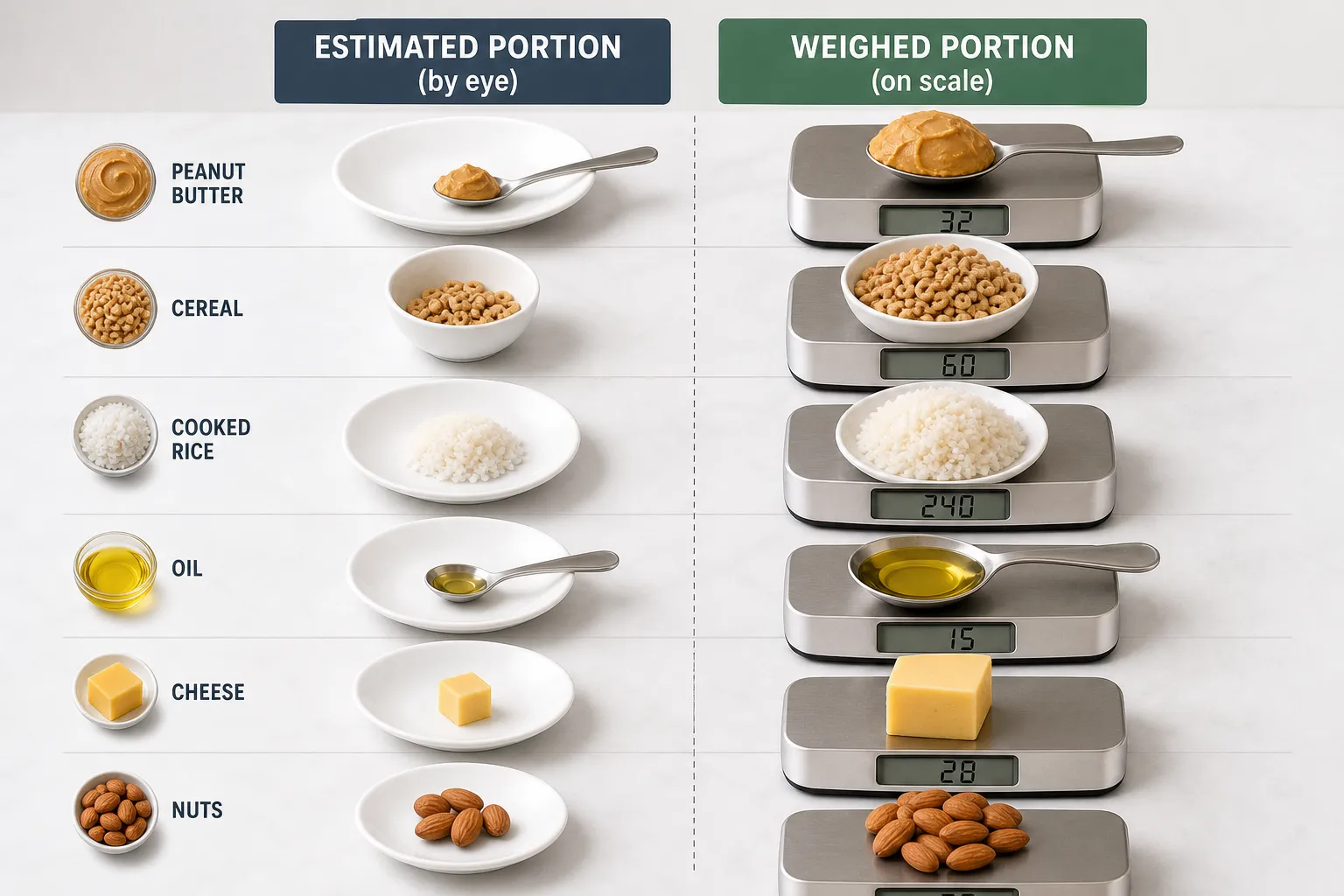 Estimated versus weighed food portions Chart comparing estimated portions by eye with weighed portions on a scale for peanut butter, cereal, rice, oil, cheese, and nuts.
