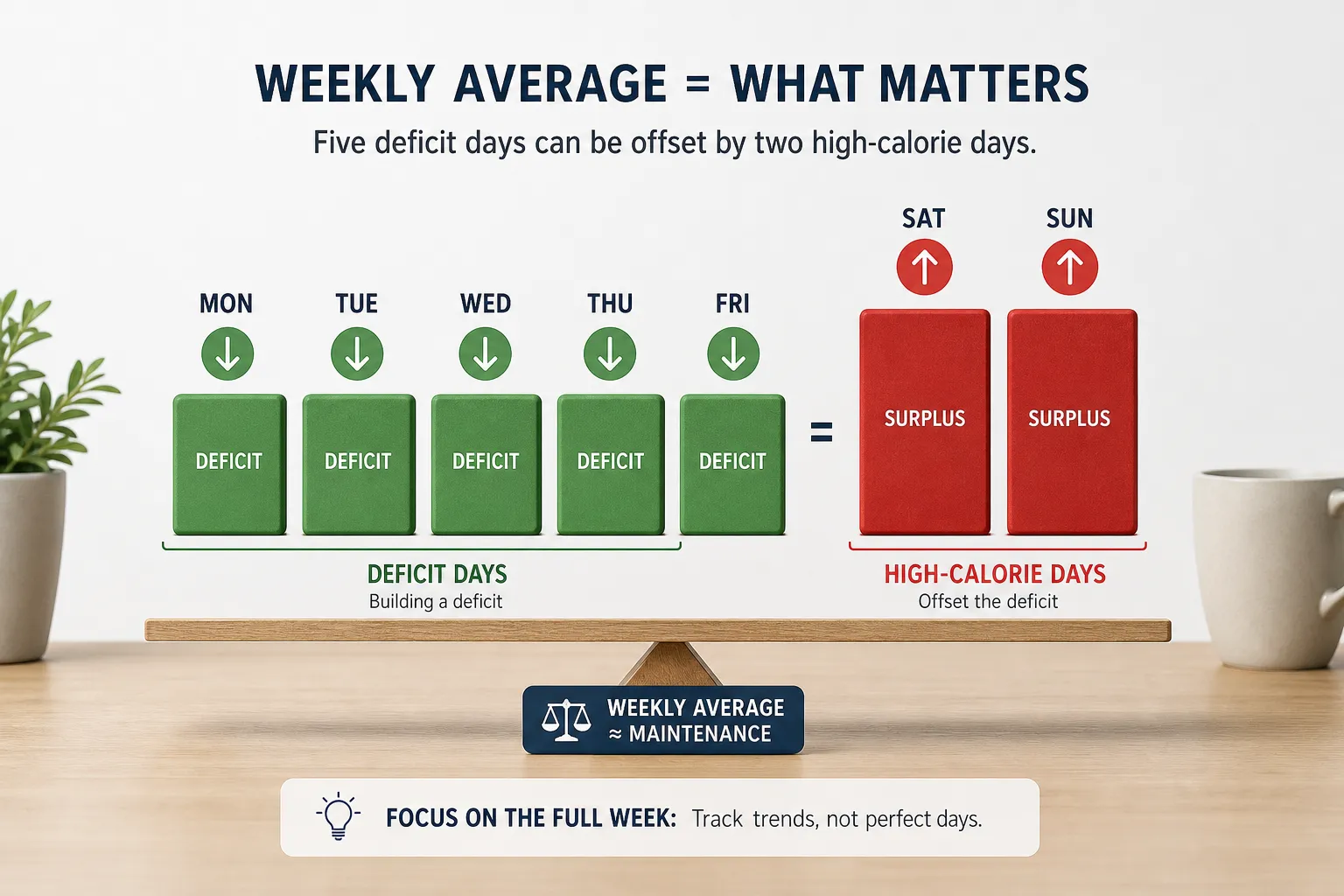 Weekly average showing deficit and surplus days Chart shows five green deficit days and two red surplus days balancing to weekly maintenance.