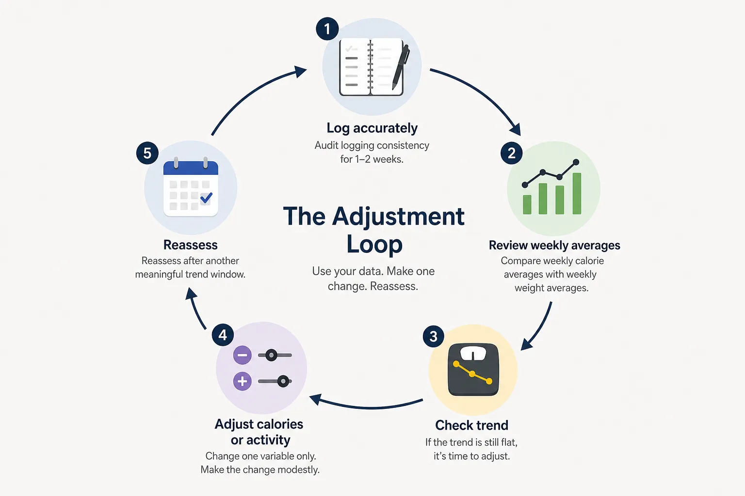 Circular infographic showing a five-step adjustment loop for calorie tracking, with icons for logging, charts, a scale, sliders, and a calendar.