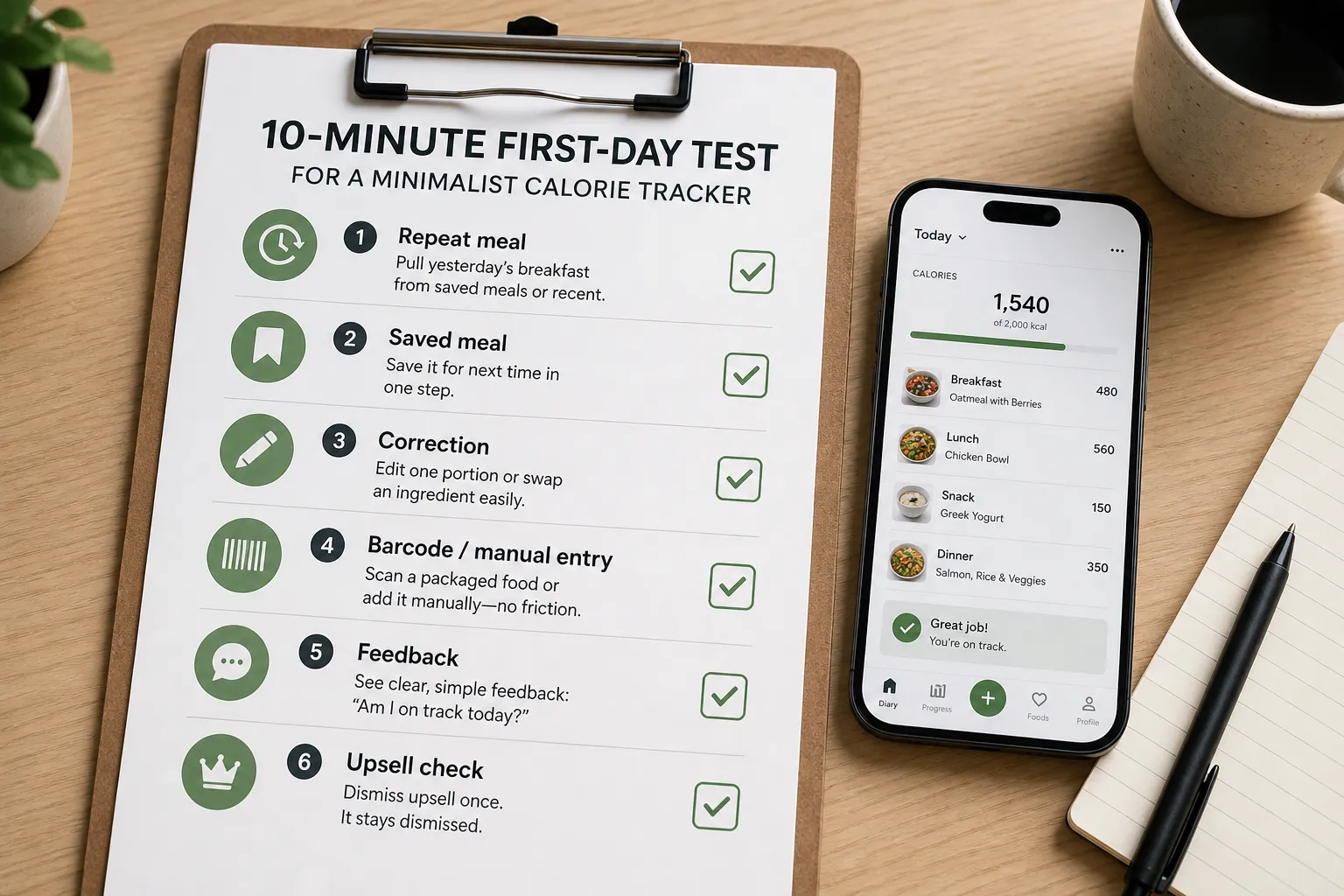 Clipboard checklist beside a phone showing a calorie tracking app and logged meals.