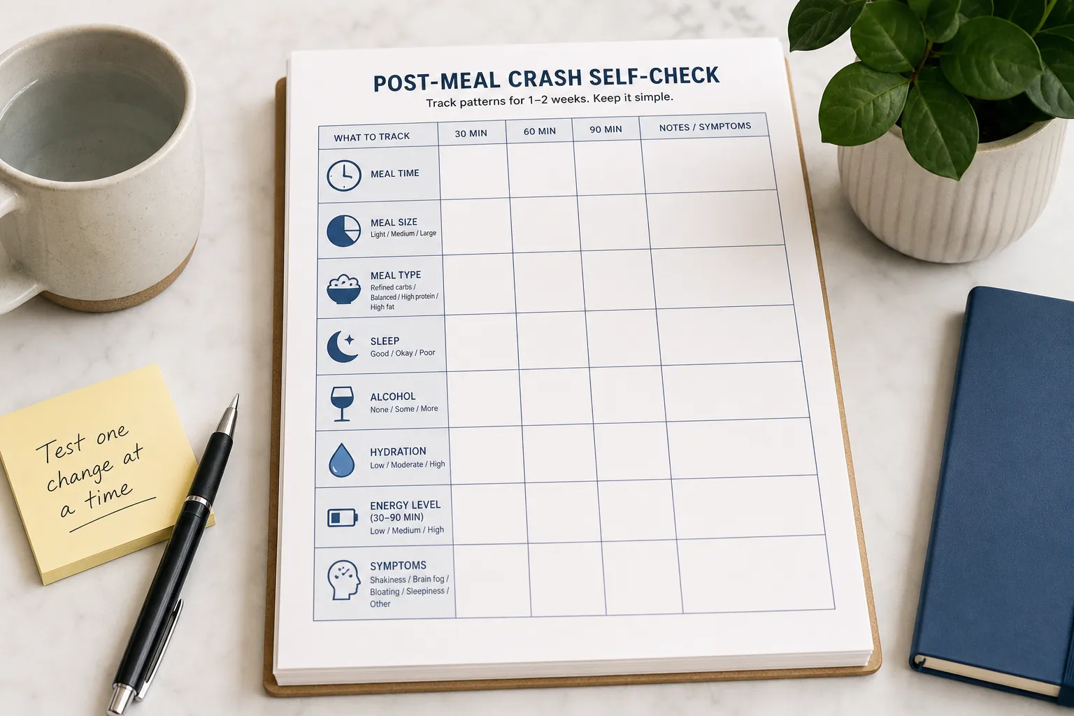 Clipboard with a post-meal crash self-check chart beside a mug, pen, sticky note, notebook, and potted plant.