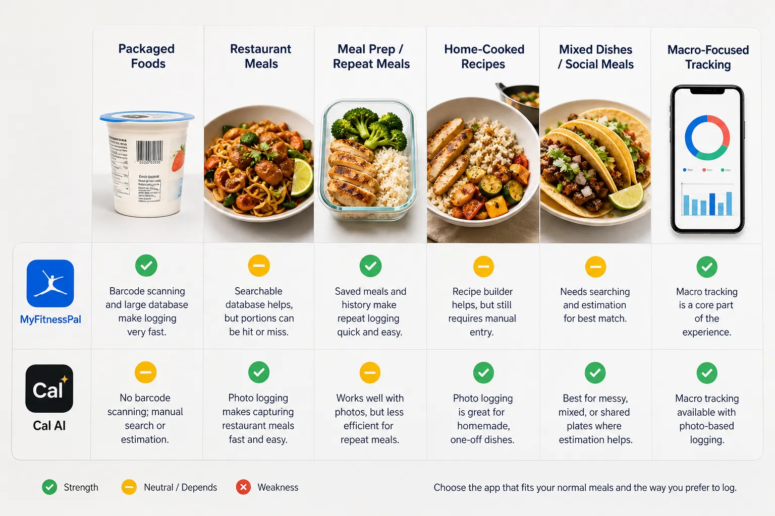 Comparison chart of MyFitnessPal and Cal AI for different meal types, with food photos and checkmarks.