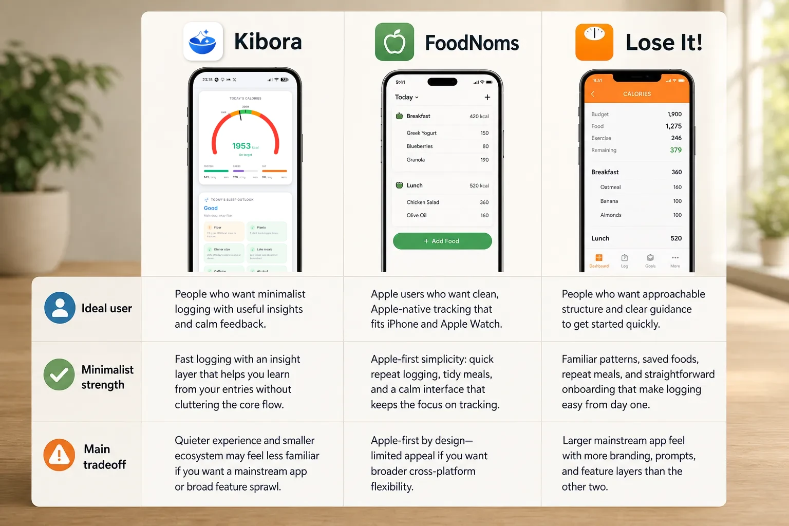 Comparison chart showing Kibora, FoodNoms, and Lose It! app screens with notes on ideal user, strengths, and tradeoffs.