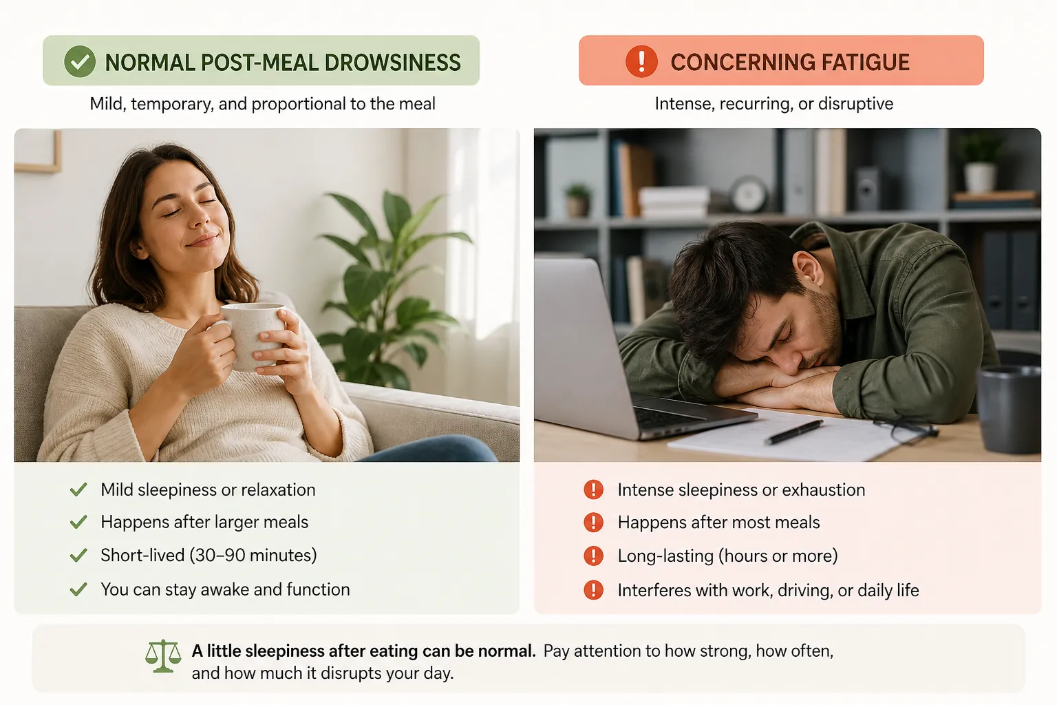 Comparison chart showing normal post-meal drowsiness versus concerning fatigue with two people and bullet points.