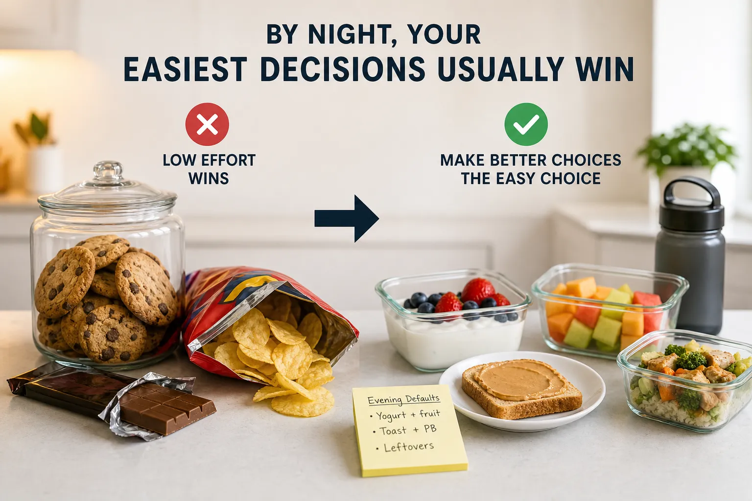 Countertop display comparing cookies and chips with yogurt, fruit, toast, and leftovers
