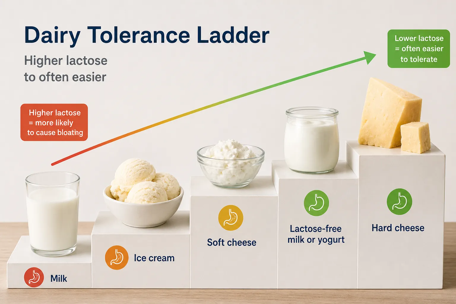 Dairy tolerance ladder with lactose levels Dairy tolerance ladder showing milk, ice cream, soft cheese, lactose-free milk or yogurt, and hard cheese on steps.
