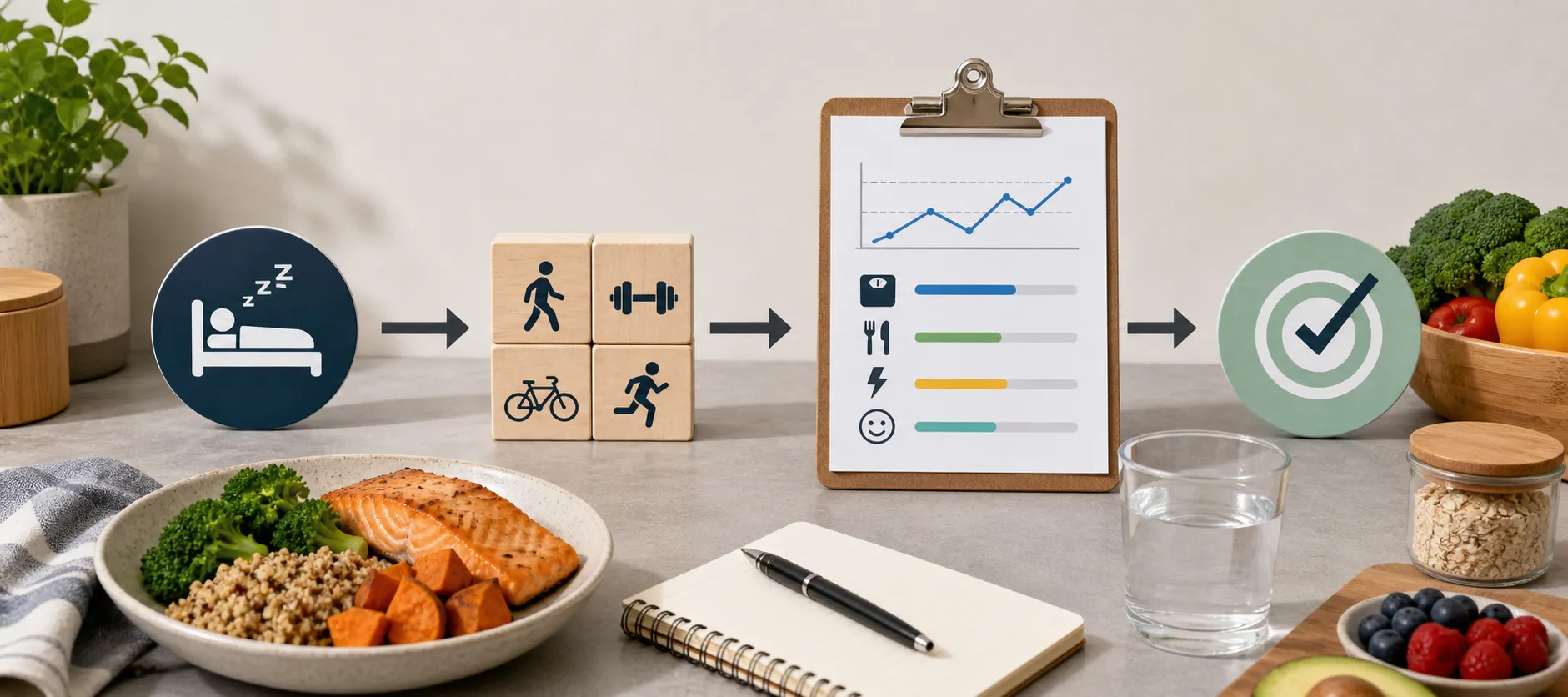 Desk display showing sleep, activity blocks, a chart, and a target icon beside healthy food